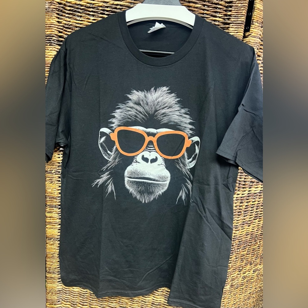 Port & Company- Mens Black/White/ Orange Monkey Glasses T Shirt- Large‎